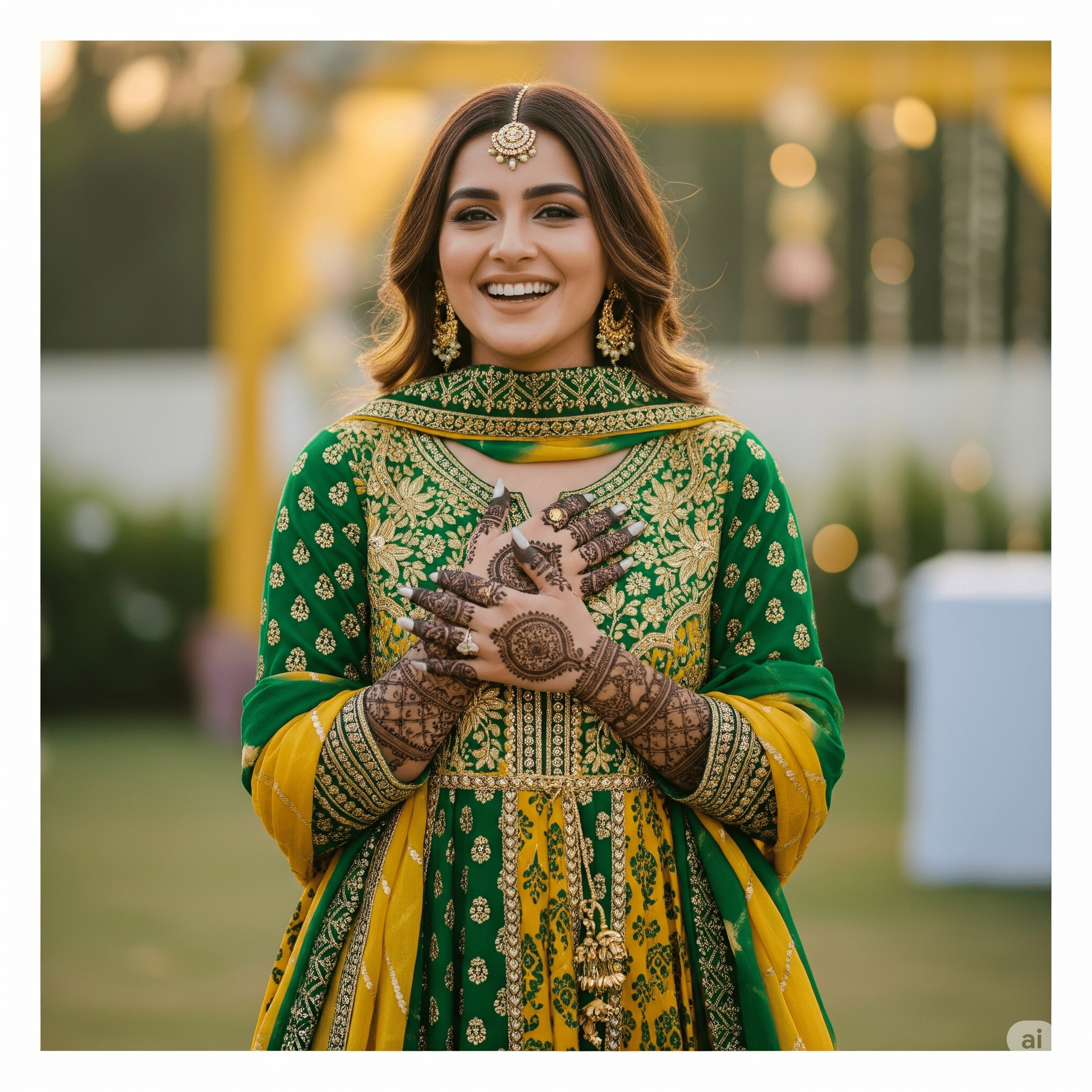 bottle green mehndi dress Green Gown With Dupatta For Mehendi Function