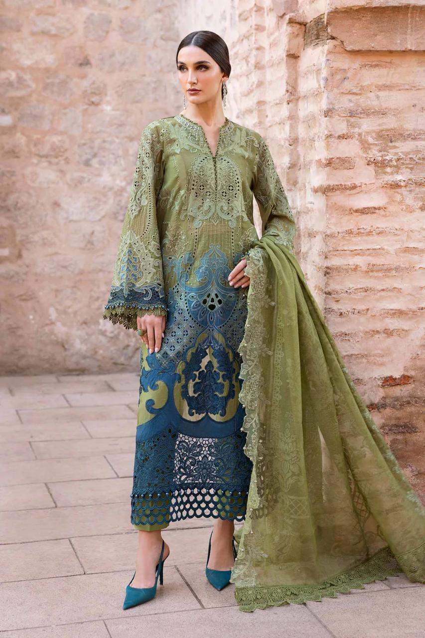 A15 - Elegant Parrot Green & Blue Organza Suit