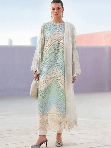 Serene Cream & Aquatic Gradient Long Kameez (Inspired by Maria B.)