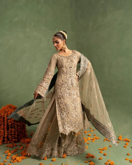 Opulent Beige Embroidered Net Long Shirt & Gharara