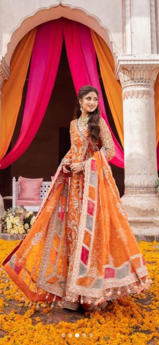 orange dress for mehndi Orange Embroidered Organza Angrakha Kameez: Pakistani Wedding, Dress Indian Suit