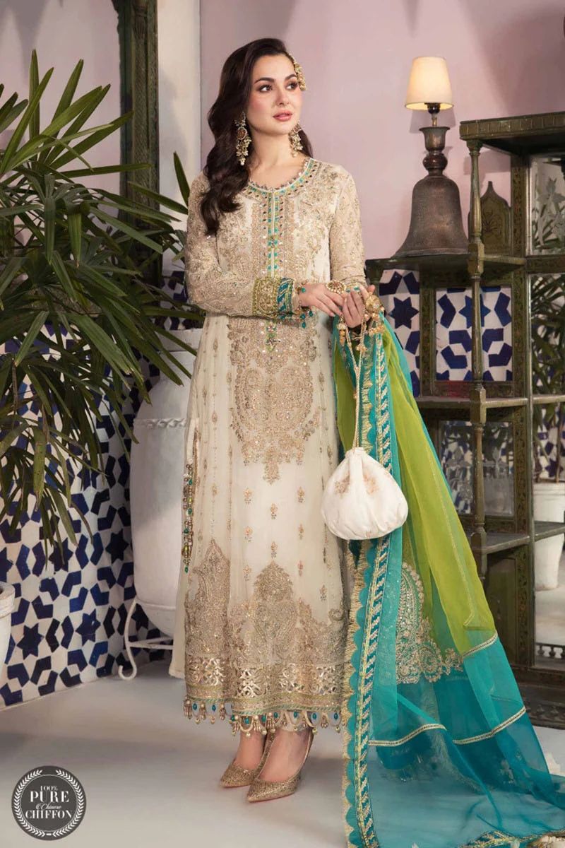 Elegant Cream White Chiffon Suit with a Vibrant Multicolour Scarf