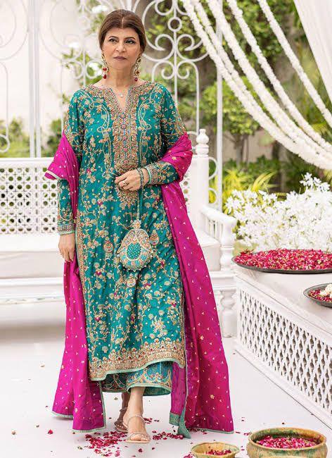 Sea Green Raw Silk Long Shirt with Handwork & Pink Dupatta