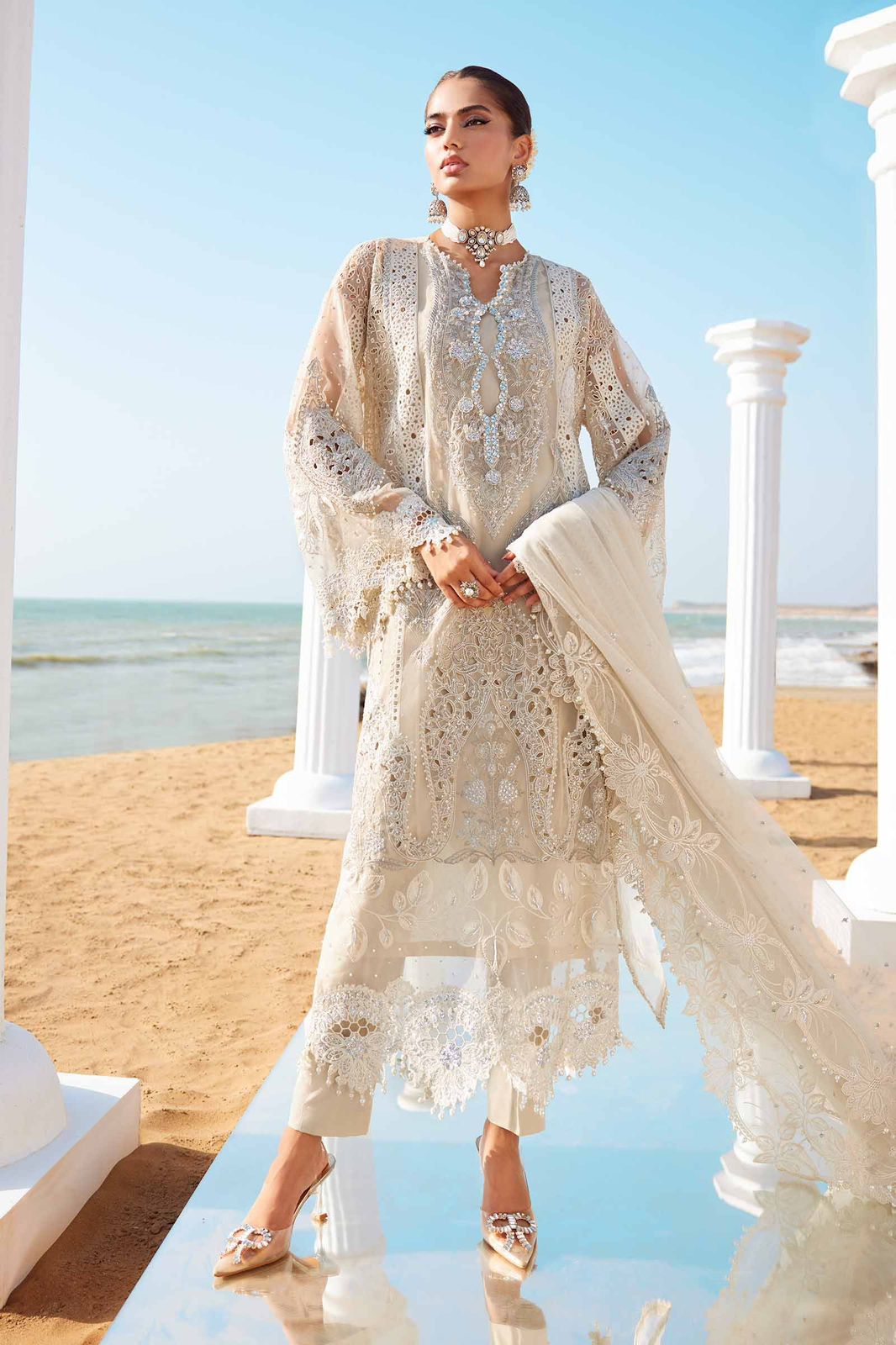 Pure Ivory Shimmer Long Kameez (Inspired by Maria B.)