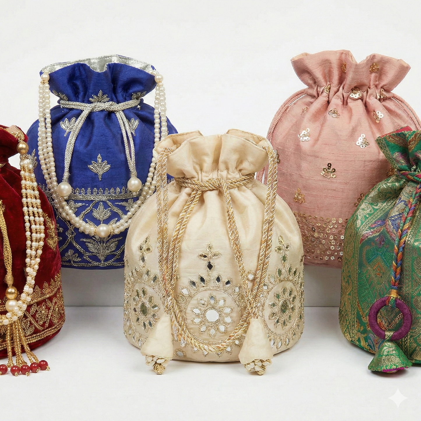 Colorful embroidered bags with decorative elements on a white background