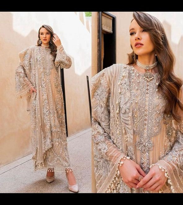 Cream Gold Long Shirt Premium Net Suit