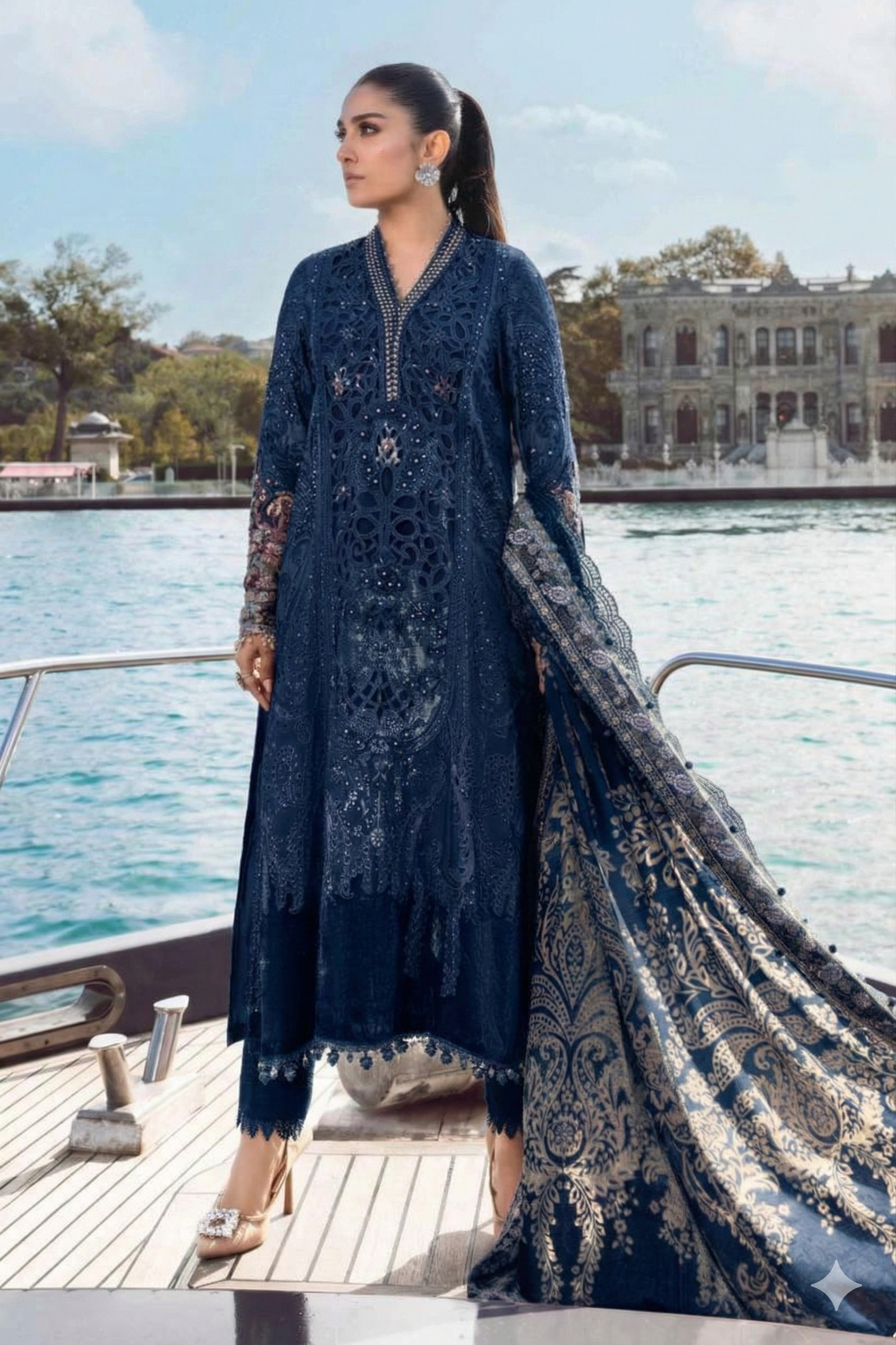 Woman in a blue embroidered outfit standing on a boat with water and buildings in the background