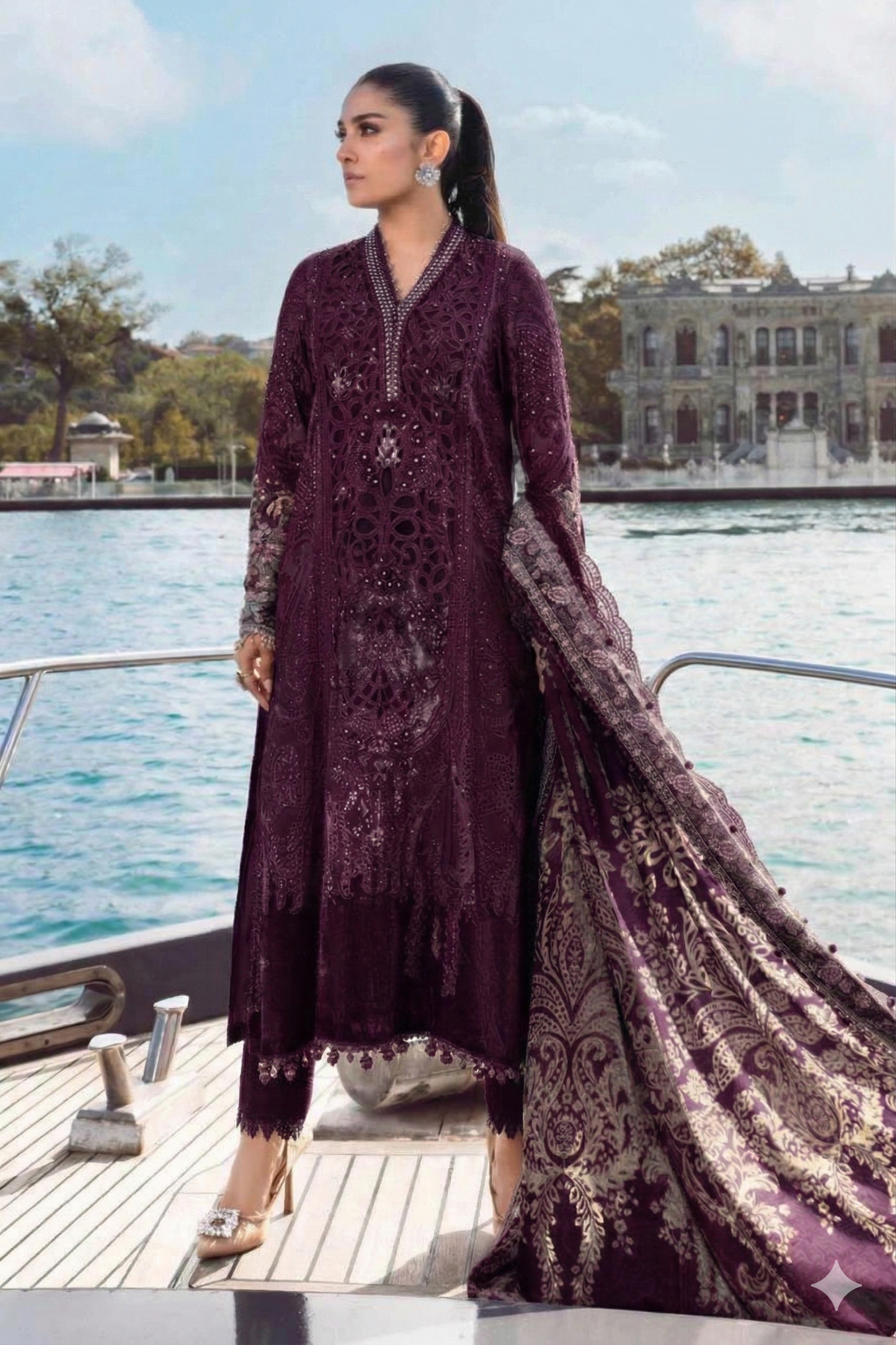 Woman in a dark purple embroidered outfit standing on a boat with water and buildings in the background