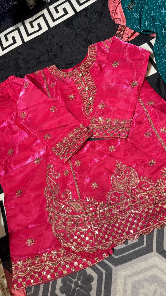 Dazzling Girls' Hot Pink Shiny Organza Silk Suit