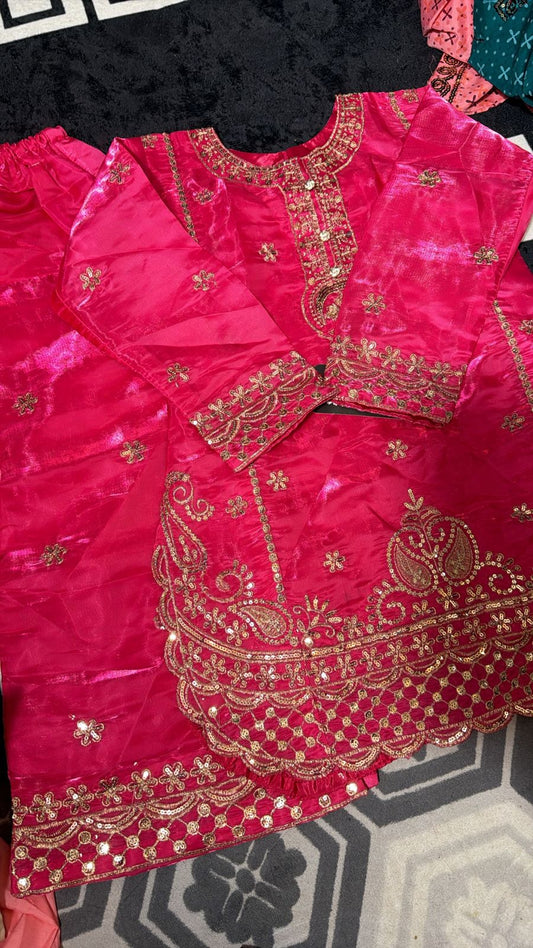 Dazzling Girls' Hot Pink Shiny Organza Silk Suit