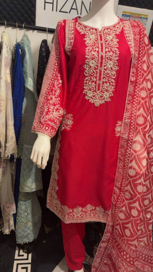 A28 - Vibrant Red-Pink Lawn Suit