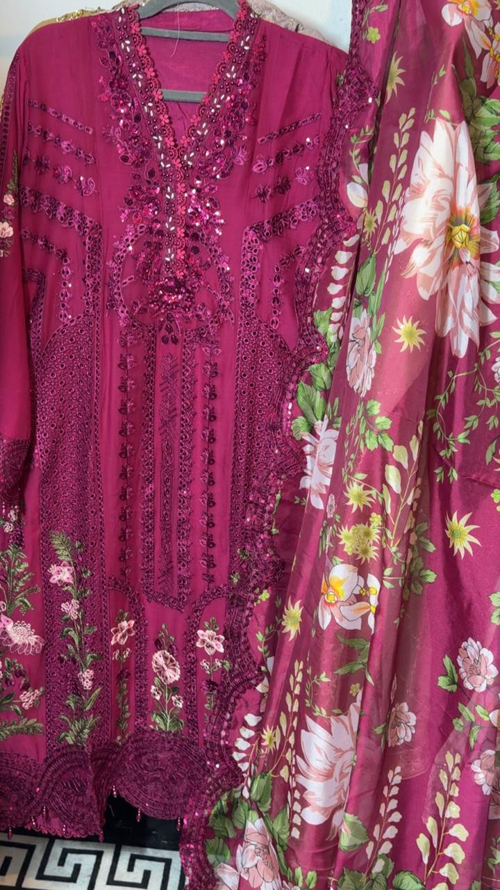 A33 - Deep Fuchsia Pink Chiffon Long Kameez With Silk Dupatta