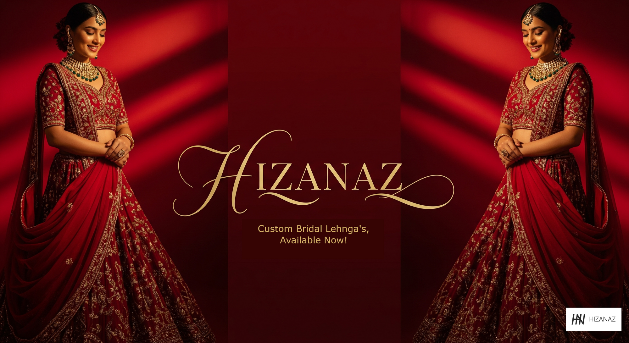 Woman in a red bridal lehenga with 'Hizanaz' branding on a red background