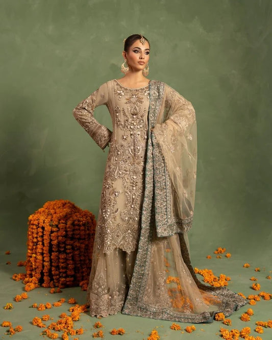 Opulent Beige Embroidered Net Long Shirt & Gharara