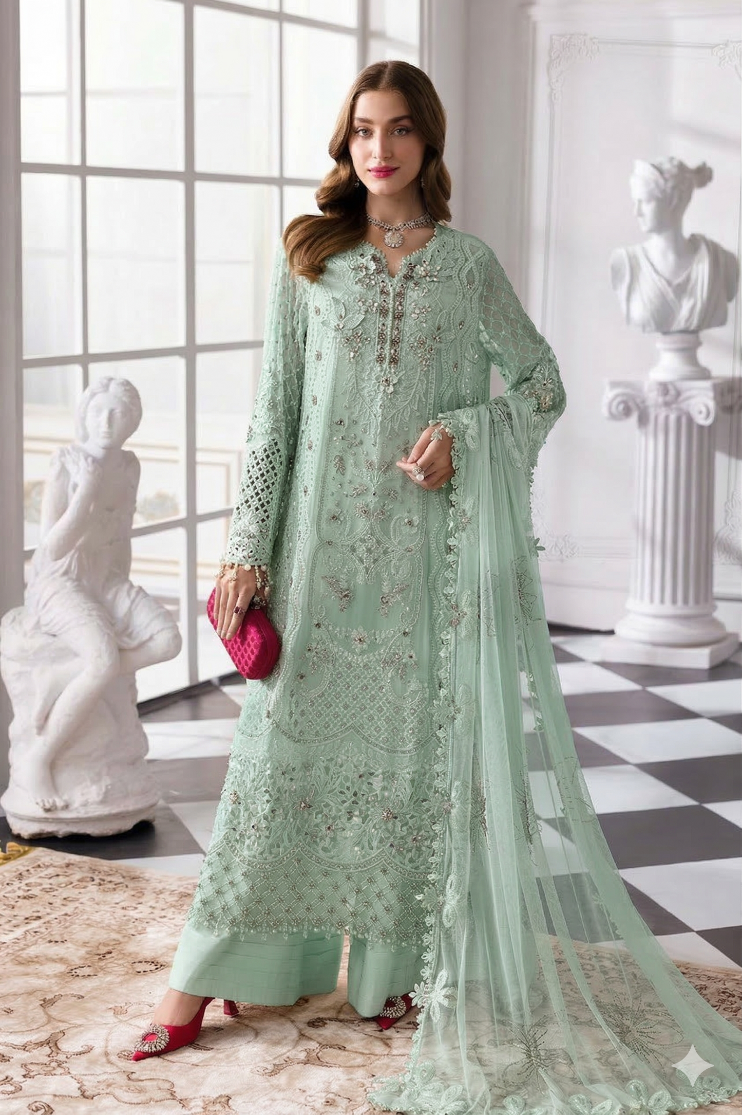 A32 - Embroidered Mint Green Chiffon Long Kameez Suit