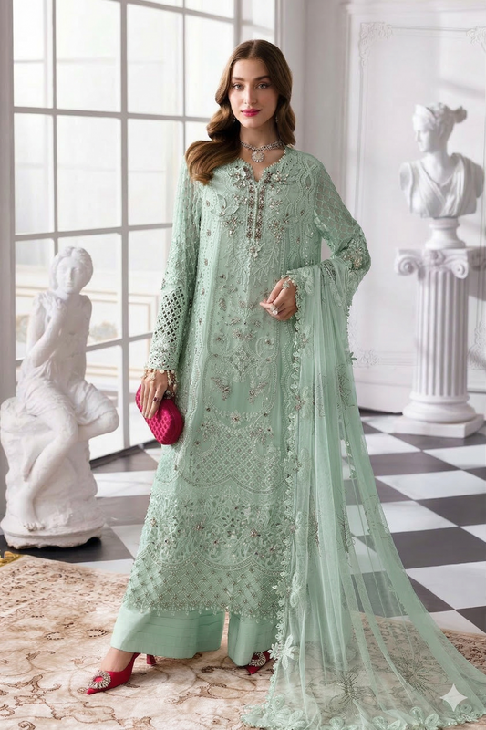 A32 - Embroidered Mint Green Chiffon Long Kameez Suit