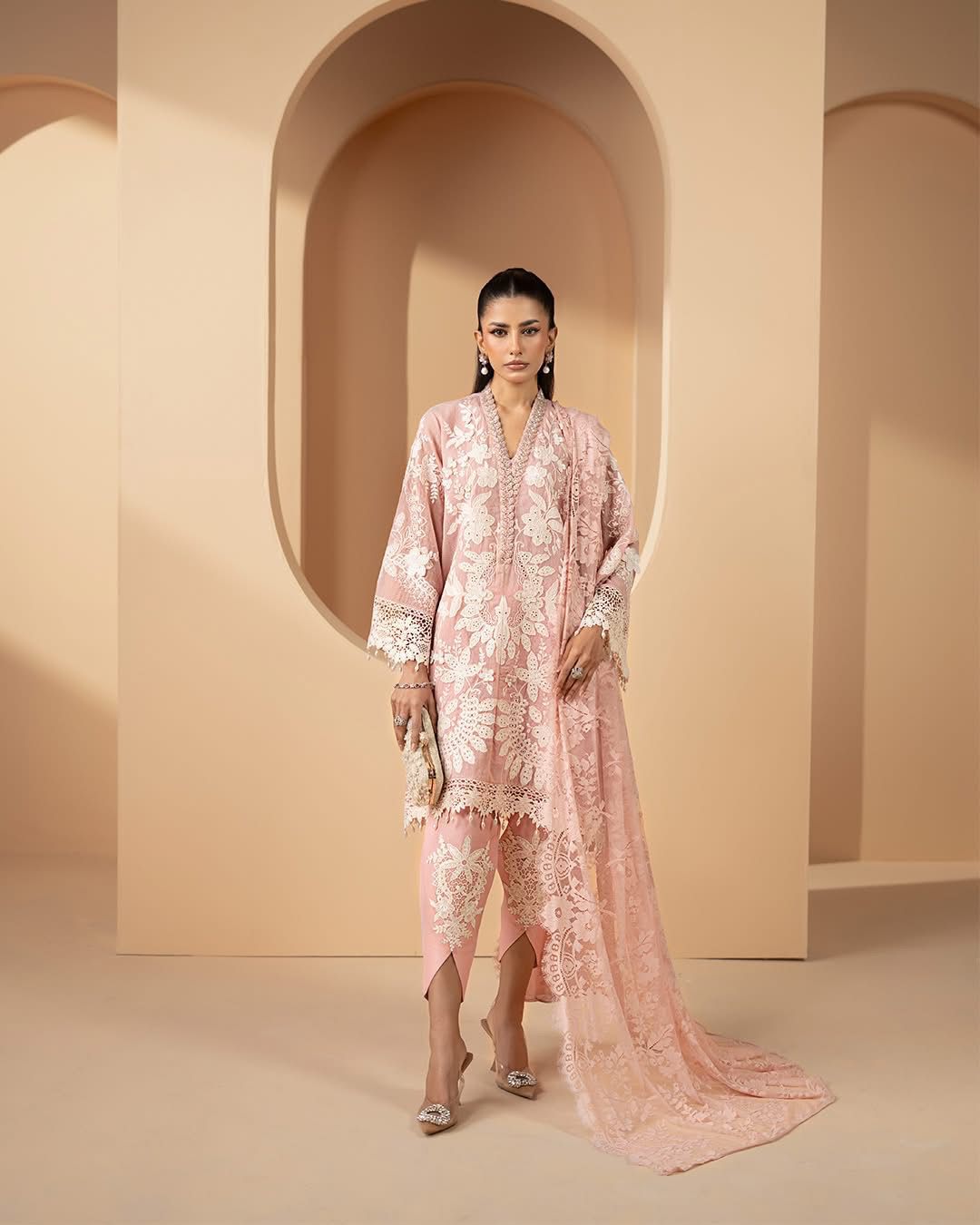 Rose Quartz Filigree Long Kameez (Inspired by Maria B.)