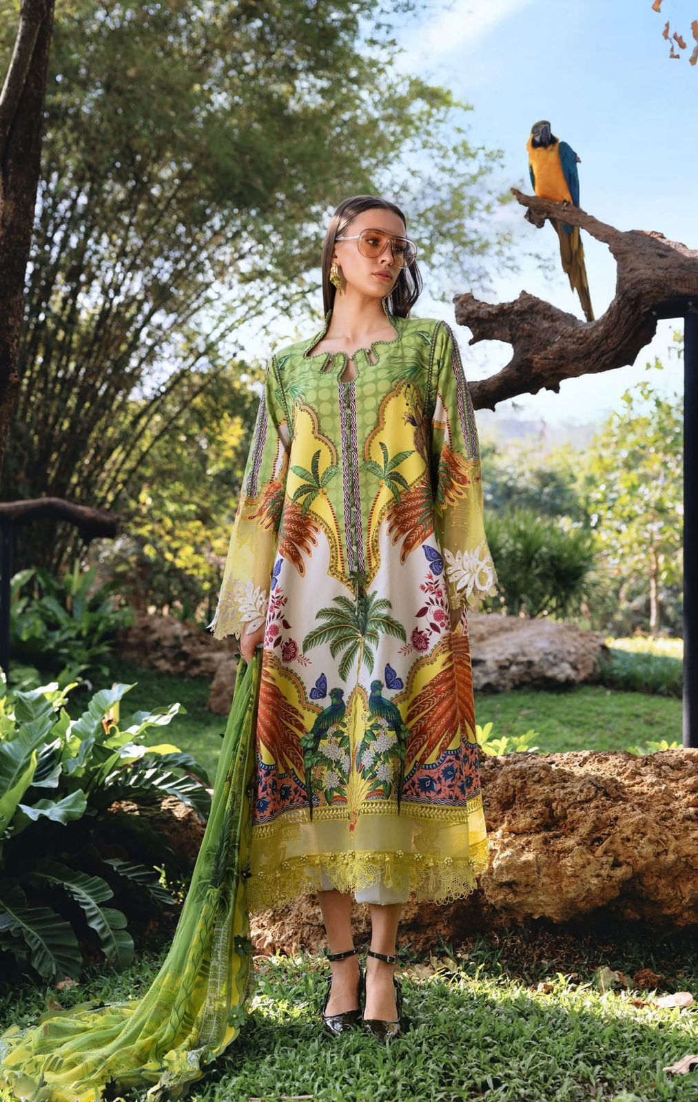 Tropical Parrot & Palm Long Kameez (Inspired by Maria B.)