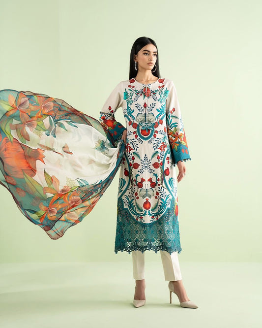 White And Teal Floral Long Kameez (Inspired by Maria B.)