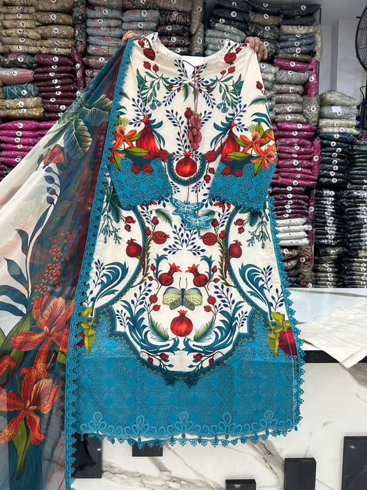 White And Teal Floral Long Kameez (Inspired by Maria B.)