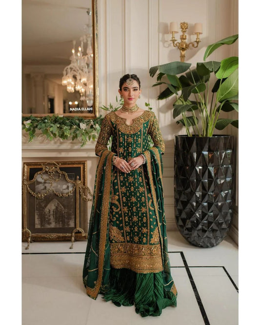 Dark Green Long Kameez With Crush Sharara