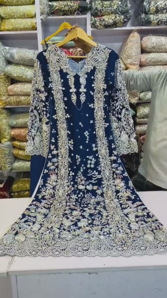 Royal Blue Organza Long Kameez with Lehenga