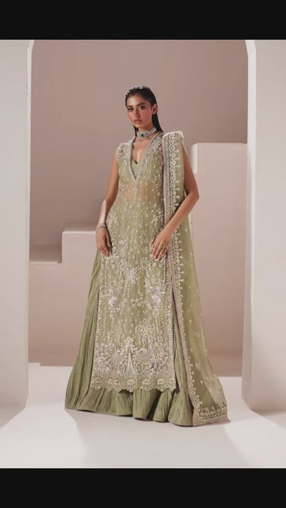 Olive Cream Partywear Dress long kameez with crush sharara