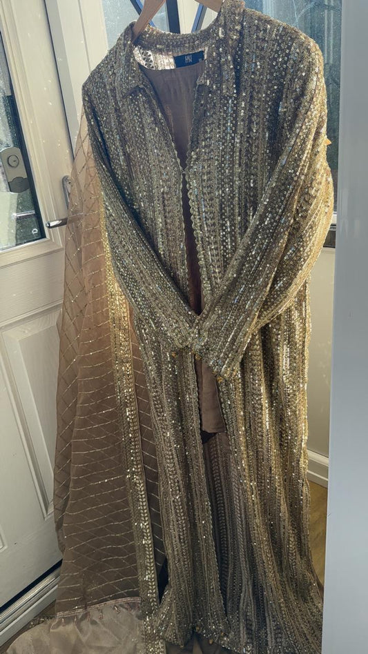 Long coffee beige jacket and skirt dress