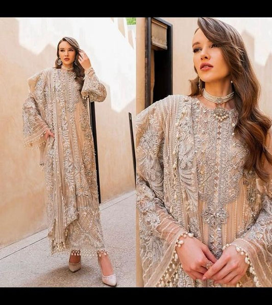 Cream Gold Long Shirt Premium Net Suit