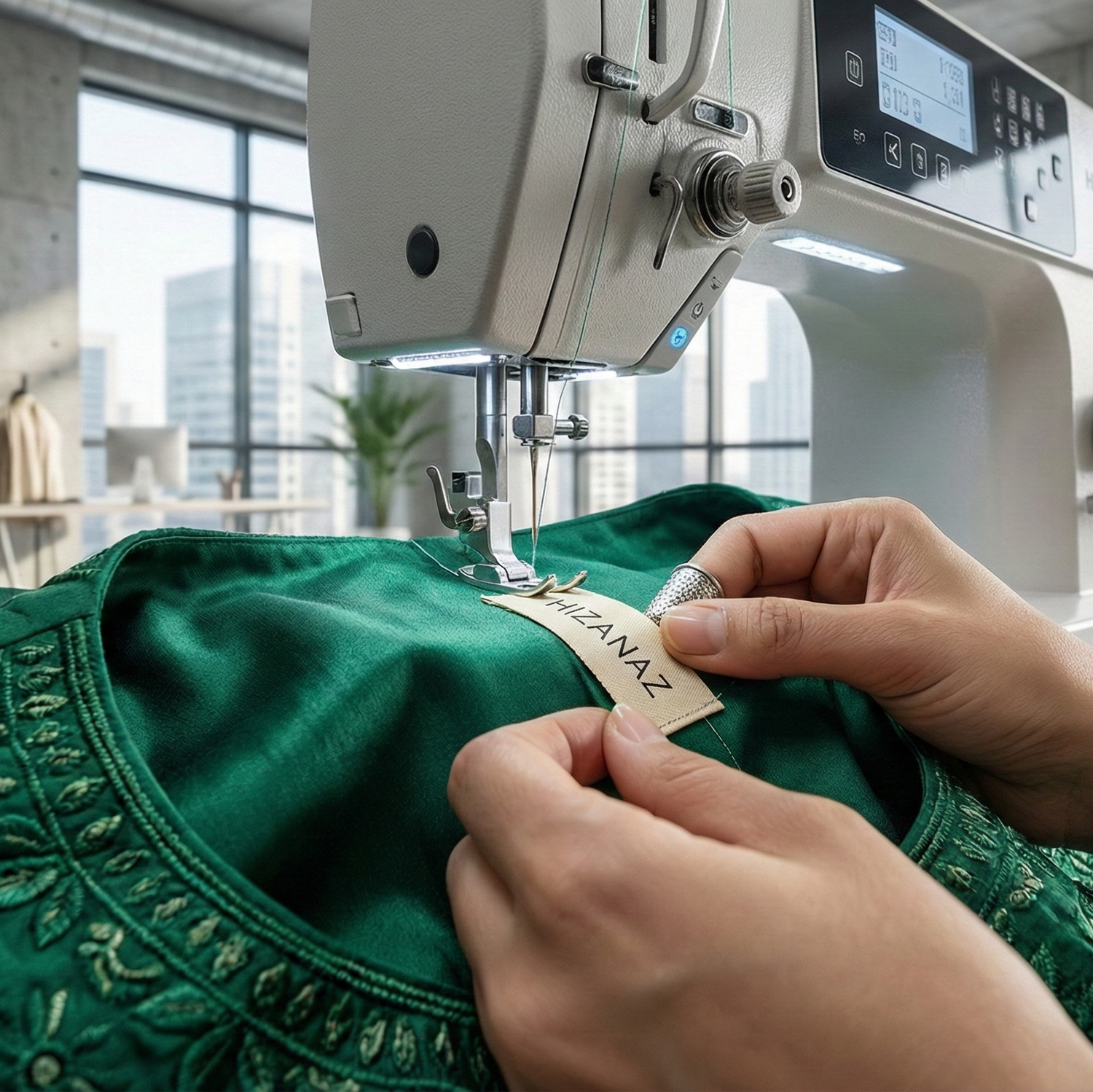 Person working on a green garment with a sewing machine in a bright room.